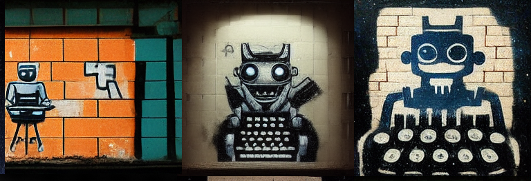 Bilder erstellt von der KI Midjourney. Die Vorgabe lautete: "graffiti mural of a robot writing on a typewriter on a brickwall”.
