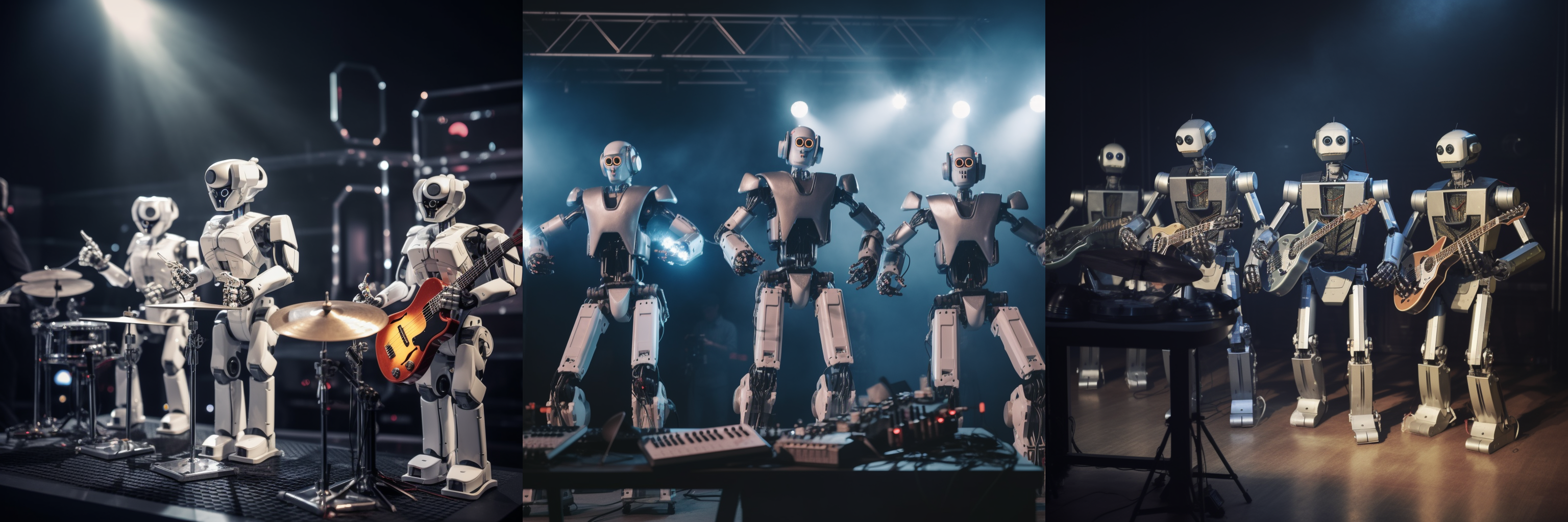 Drei KI-generierte Bilder von Robotern, die ein Konzert spielen.